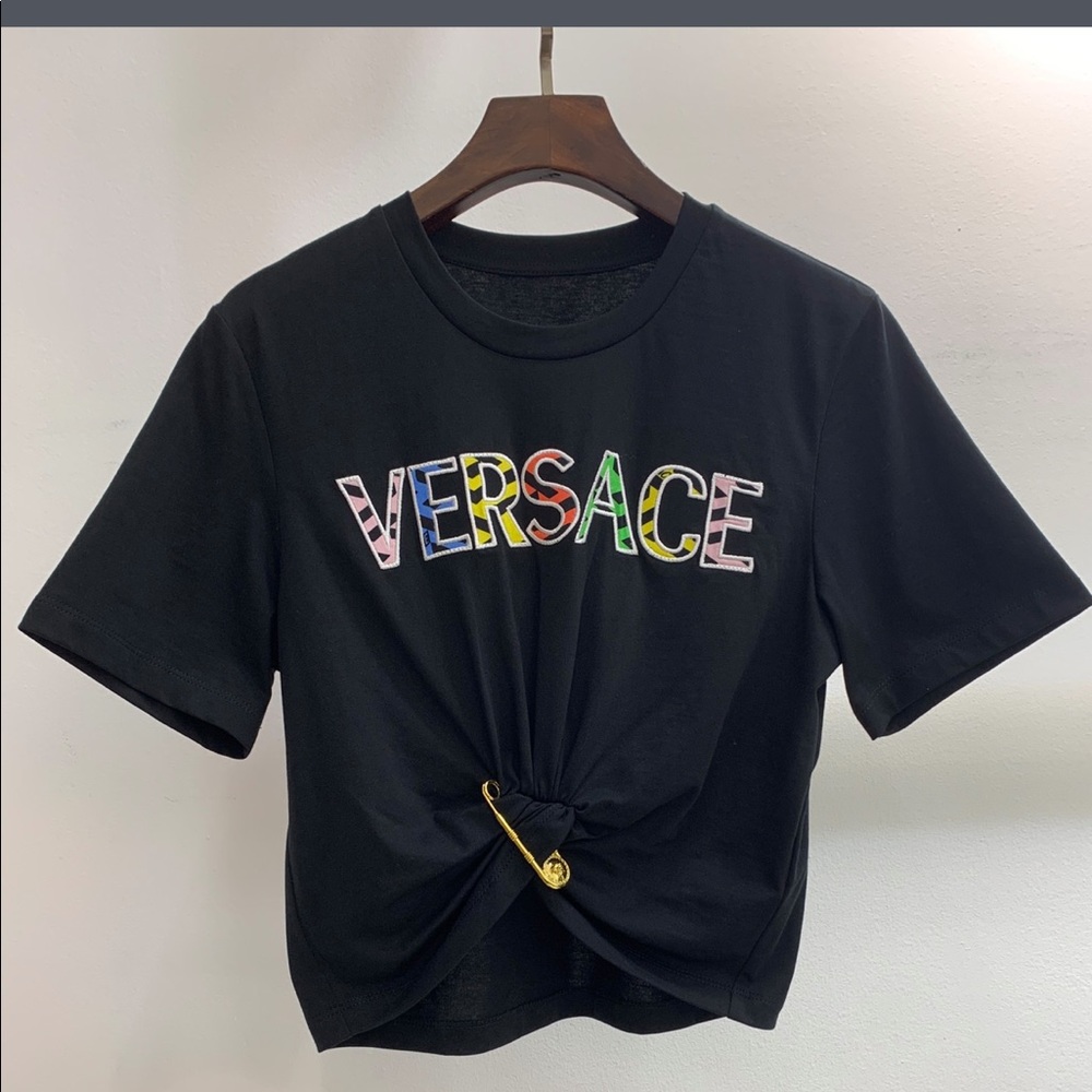 Versace Black Short Sleeve Tee with Multicolor Logo